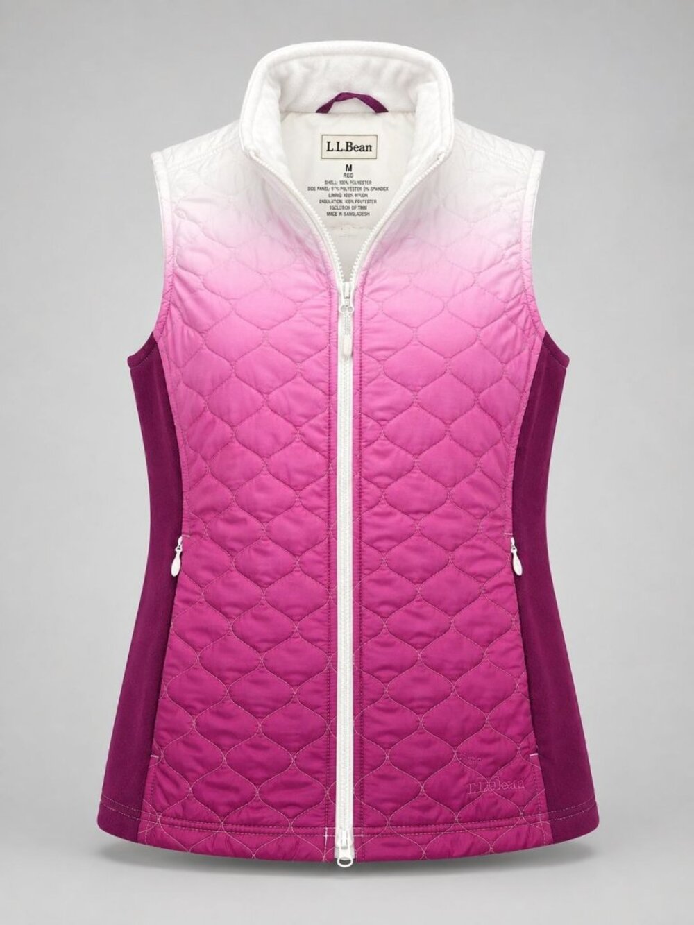 LL Bean Womens Medium Vest Pink White Ombre Quilted Thinsulate Insulation Zip
